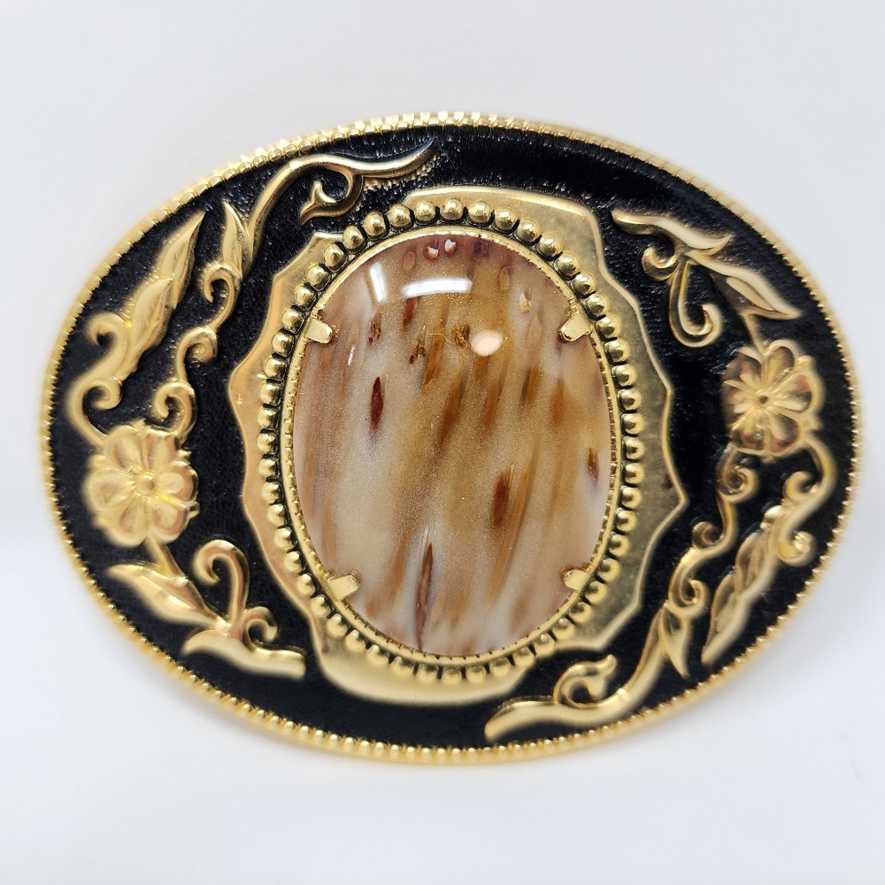 Western Style Polished Stone And Gold Tone Floral Embossed Belt Buckle - Picture 1 of 5